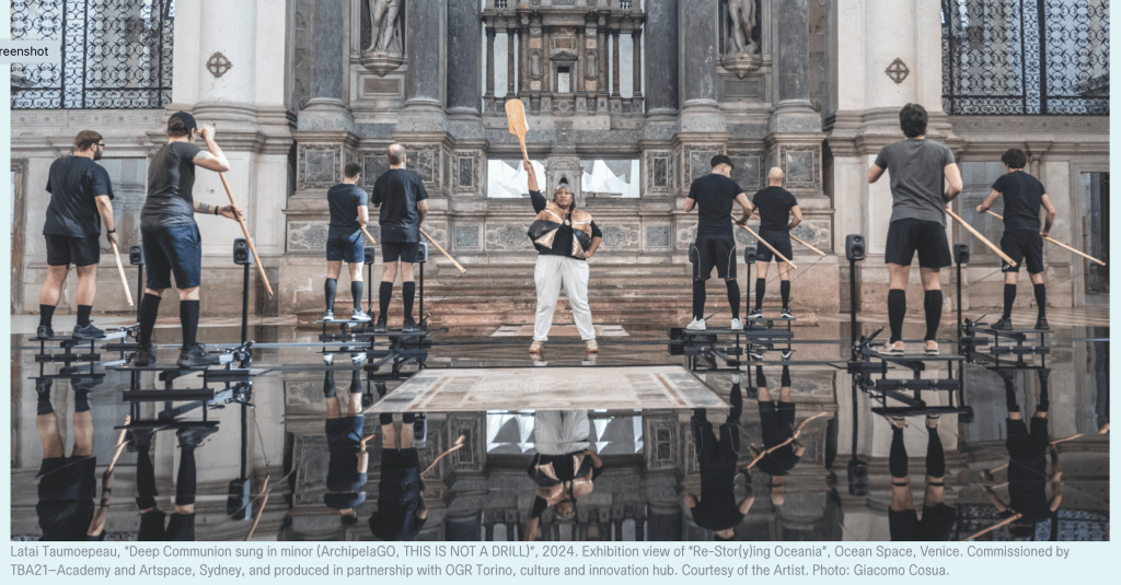 Latai Taumoepeau, “Deep Communion sung in minor (ArchipelaGO, THIS IS NOT A DRILL)”, 2024. Exhibition view of “Re-Stor(y)ing Oceania”, Ocean Space, Venice. Commissioned by TBA21–Academy and Artspace, Sydney, and produced in partnership with OGR Torino, culture and innovation hub. Courtesy of the Artist. Photo: Giacomo Cosua.