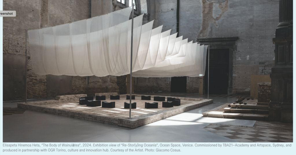 Elisapeta Hinemoa Heta, “The Body of Wainuiātea”, 2024. Exhibition view of “Re-Stor(y)ing Oceania”, Ocean Space, Venice. Commissioned by TBA21–Academy and Artspace, Sydney, and produced in partnership with OGR Torino, culture and innovation hub. Courtesy of the Artist. Photo: Giacomo Cosua.